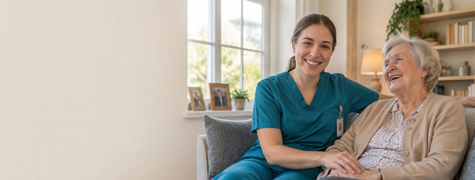 A caregiver sitting with an older woman at home